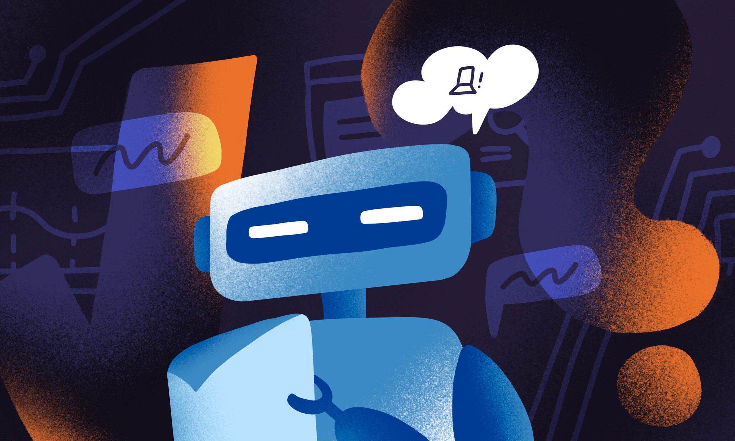 Illustrated robot with alert notification bubble surrounded by circuit board patterns, representing common AI myths and the natural limits of artificial intelligence