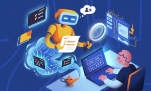 A flat illustrated robot genie emerges from a magic lamp, holding a document and magnifying glass, while a developer works at a laptop surrounded by floating code panels and UI elements.